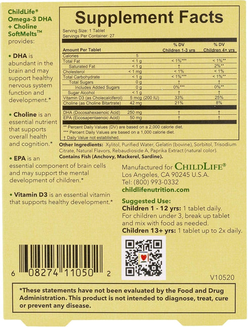 CHILDLIFE ESSENTIALS Omega-3 DHA + Choline SoftChews - All-Natural Support for Optimal Brain & Nervous System Development & Function in Children & Teens, Sugar-Free - Passion Fruit Flavor, 27 Tablets