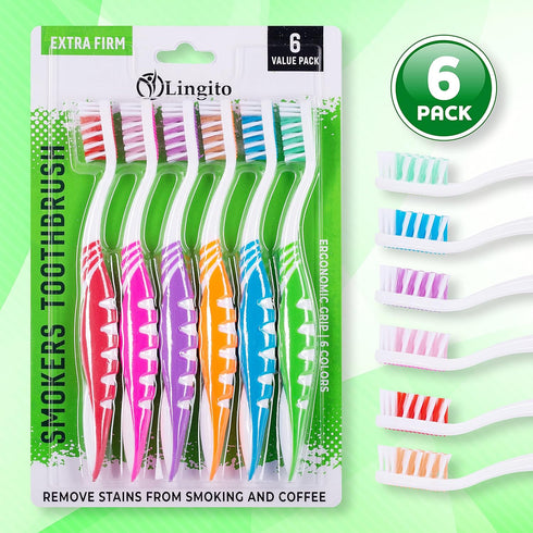 Set Lingito Extra Firm Toothbrush, Hard Bristle Toothbrush for Adults or Smokers Travel Kit, Multicolor Denture Brush