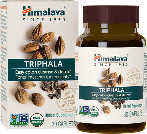 Himalaya Organic Triphala Herbal Supplement | 688 mg | 30 Plant-Based Caplets | Supports Colon Cleansing, Regularity,
