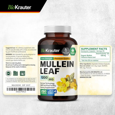 BIO KRAUTER Mullein Capsules for Lung Detox 1200 mg - 250 Count - Vegan Mullein Leaf Capsules for Respiratory Support -