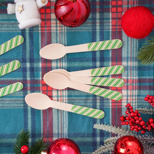 mifengda 120Pcs Christmas Disposable Wooden Spoons Green Stripe Wooden Spoons Striped Tasting Spoons Christmas Candy