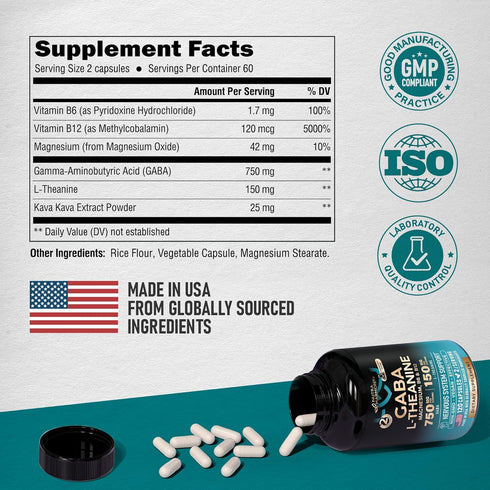 GABA L-Theanine 900 mg - Made in USA - Magnesium | Vitamin B6 - Calm, Sleep, Relaxation & Mood Support - 750 mg Gamma AminoButyric Acid, 150 mg L-Theanine - Non-Habit Forming, Vegan - 120 Capsules