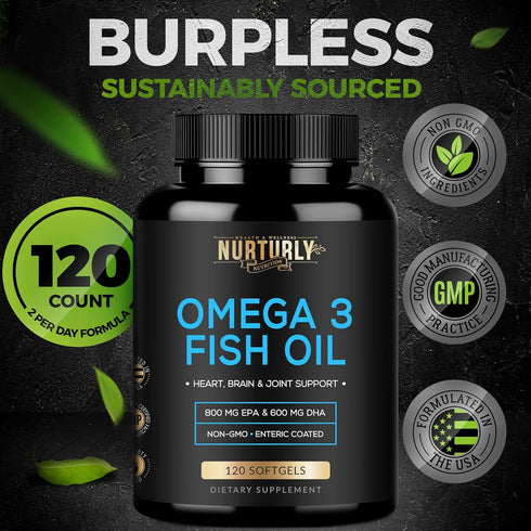 Omega 3 Fish Oil 2000mg, 800mg EPA, 600mg DHA - Burpless, Non-GMO, 120 Softgels for Joint and Heart Support
