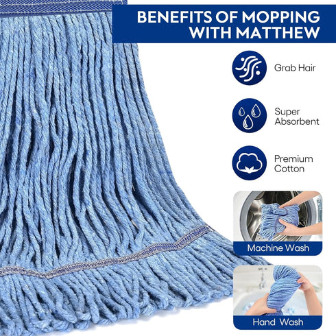 Matthew Cleaning Heavy Duty Mop Head Commercial Replacement for General and Floor Cleaning , Wet Industrial Blue Cotton Looped End String Head Refill (Pack of 6) Blue