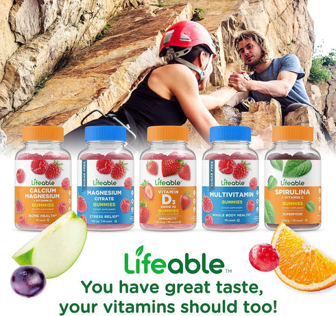 Lifeable Calcium 500 mg with Vitamin D3 1000 IU Gummies - Great Tasting Natural Flavor Vitamin Supplement, Gluten Free,