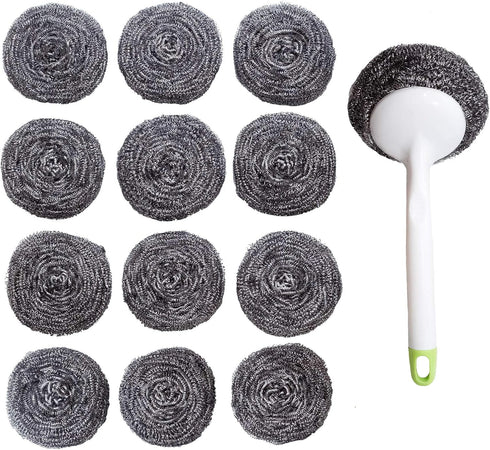 Stainless Steel Sponges Scourer Set with Handle, 12 Pack Large Kitchen Cleaning Tool