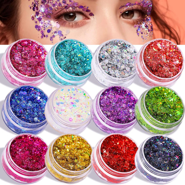Teenitor Face Glitter, 12 Colors Body and Face Glitter Gel, Star Glitter for Hair, 10g/Color
