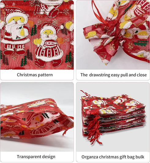 24PCS Christmas Organza Gift Bags - 4X6 with Drawstring, 11 Mix Pattern Small Goodie Candy Party Favor Xmas Bags