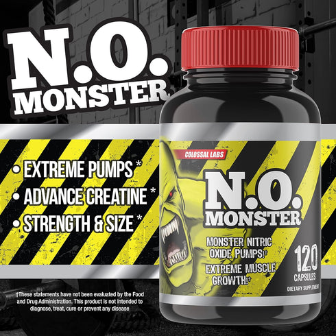 N.O. Monster Nitric Oxide Booster with L-Arginine – Extreme Pumps for Strength, 120 Capsules, Made in USA