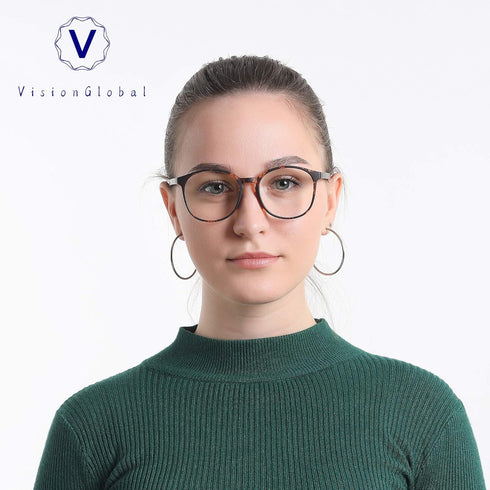 VisionGlobal Blue Light Blocking Glasses for Women/Men, Anti Eyestrain, Stylish Oval Frame, Tortoise, +1.75