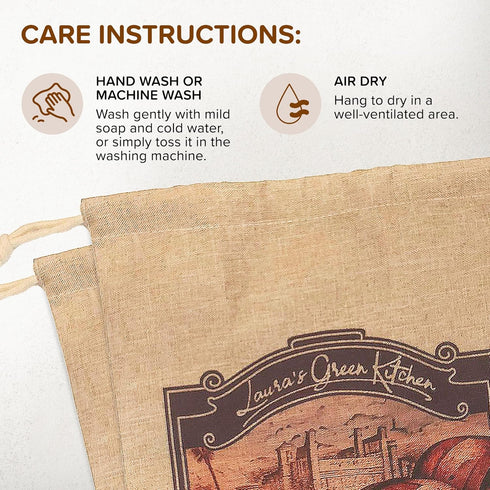 Laura's Green Kitchen Linen Bread Bag - 2 Packs Large Sourdough Bread Bags for Homemade Bread Storage, Beige