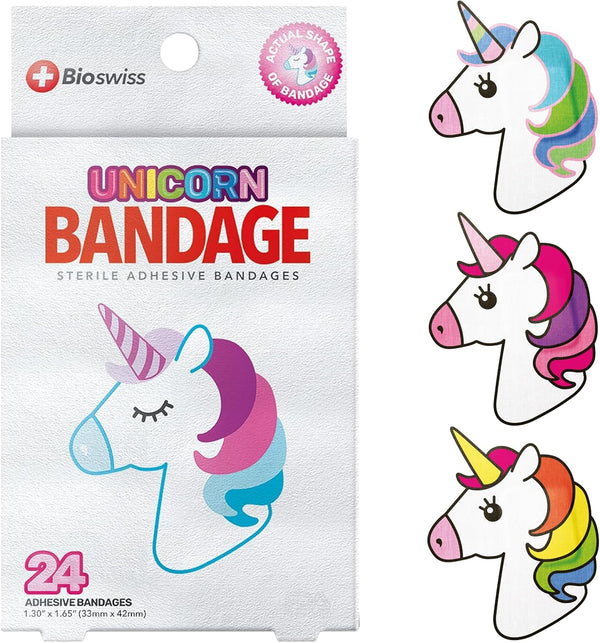 BioSwiss 24 Count Unicorn Shaped Self Adhesive Bandages - Fun First Aid Kit for Kids