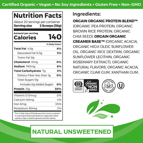 Orgain Organic Vegan Protein Powder, Natural Unsweetened - 21g Plant Protein, 4g Prebiotic Fiber, 1.59 lb