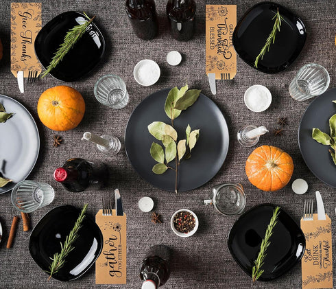 Whaline 100 Pack Fall Thanksgiving Silverware Bags, Rustic Kraft Paper Cutlery Holders for Autumn Party Supplies