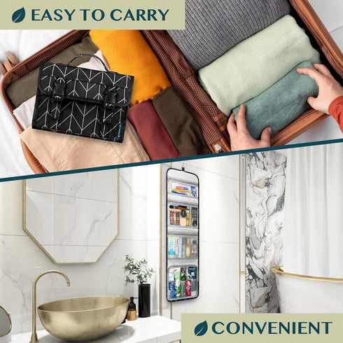PAVILIA Travel Hanging Toiletry Bag for Women Men, Large Capacity Waterproof Cosmetic Storage Organizer (Black Chevron)
