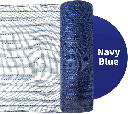 2 Rolls Navy Blue Deco Mesh Ribbon, 10 in x 30 ft with Blue Foil Wire for Christmas Wreath Decoration