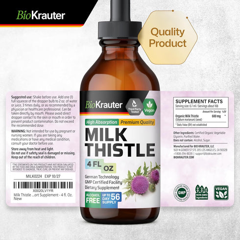 Organic Milk Thistle Liquid Extract 4 fl. Oz. - Silymarin Tincture for Liver Detox Drops, Liver Supplement