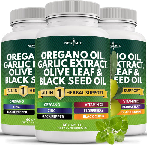 NEW AGE Oregano Oil 6000mg, Garlic Extract 4000mg, Olive Leaf 3000mg with Astragalus - Immune Support Supplement
