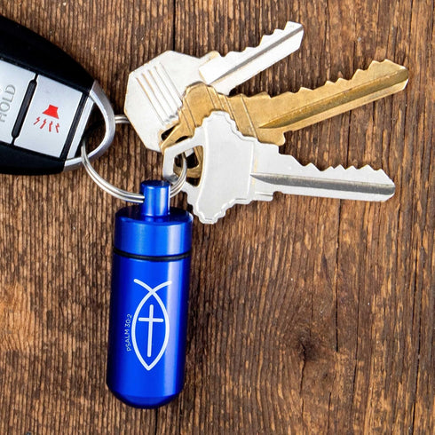 Blue Pill Case Keychain - Waterproof Metal Travel Container for Medicine Storage, Small Organizer Bottle