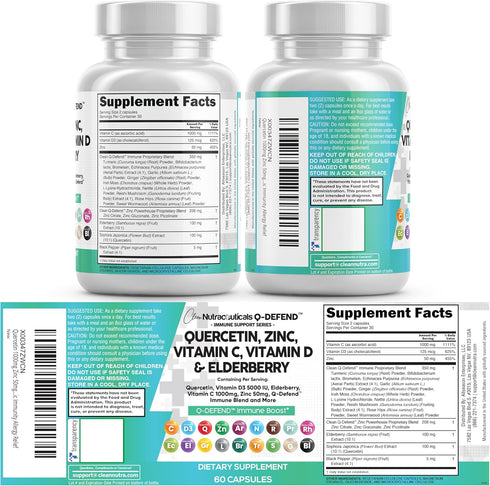 Immune 60 Q Defend Quercetin Supplement with Zinc Vitamin C Vitamin D Elderberry Turmeric Black Pepper Garlic Ginger