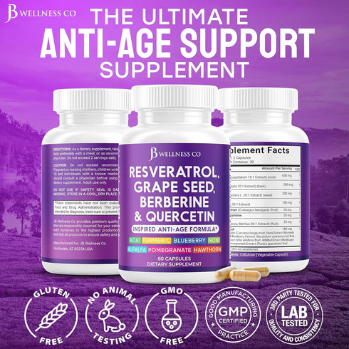 JB Wellness Co 180 JB Wellness Resveratrol, Grape Seed Extract, Berberine, Quercetin - Polyphenol Supplement for Women