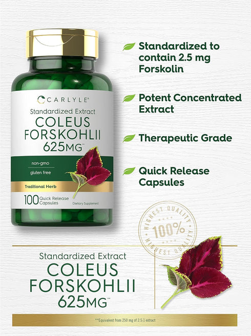 Carlyle Coleus Forskohlii Capsules | 625mg | 100 Count | Non-GMO & Gluten Free Standardized Extract