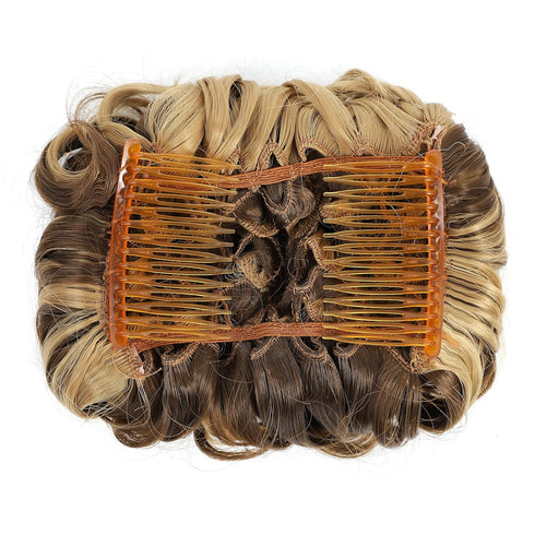 SWACC Short Messy Curly Dish Hair Bun Extension with Easy Stretch Combs Clip in Ponytail Hairpieces (Dark Blond Brown