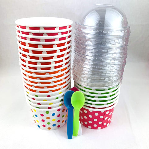 Worlds Paper Ice Cream Cups with Dome Lids - No Hole and Plastic Spoons, Polka Dot 4oz Mix 25 Set