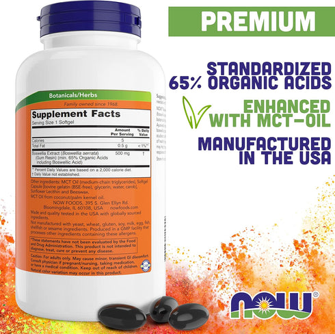 Now Boswellia Serrata Extract 500 mg, 200 Softgels - Herbal Supplement in MCT Oil Base