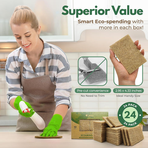 Biodegradable Scrubbing Pads for Dishes - 24 Pack Coconut Fiber Non Scratch Scouring Pads for Pots and Pans