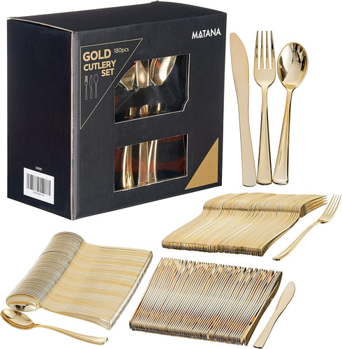MATANA 180 Bulk Gold Plastic Silverware Set - 60 Knives, 60 Forks, 60 Spoons - Reusable Gold Cutlery for Parties &