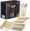 MATANA 180 Bulk Gold Plastic Silverware Set - 60 Knives, 60 Forks, 60 Spoons - Reusable Gold Cutlery for Parties &