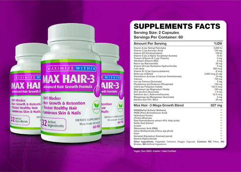 Maximum Slim Max Hair-3 Advanced Hair Growth Formula for Longer, Stronger Hair - Biotin, Keratin, Bamboo
