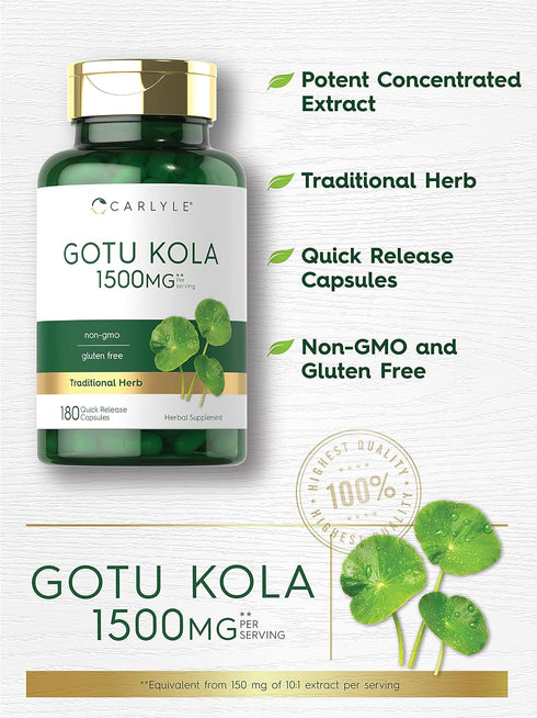 Carlyle Gotu Kola Capsules, 1500mg, 180 Count, Non-GMO, Gluten Free