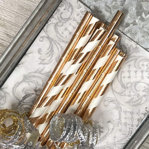 Rose Gold Solid and Stripe Foil Paper Straws, 7.75 Inches, 50 Pack by Outside the Box Papers