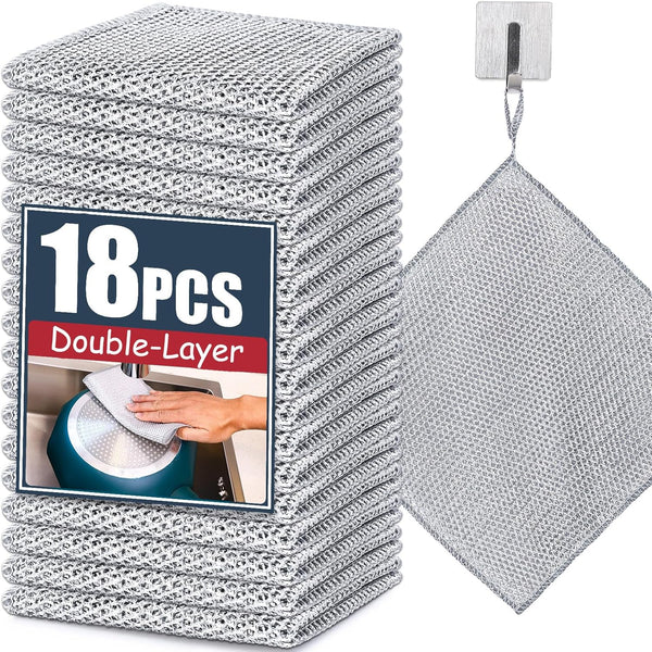 Navona 18 Pcs Steel Wire Dishcloth, Double-Layer Multipurpose Non-Scratch Wire Dishwashing Rag for Cookware, Sinks,