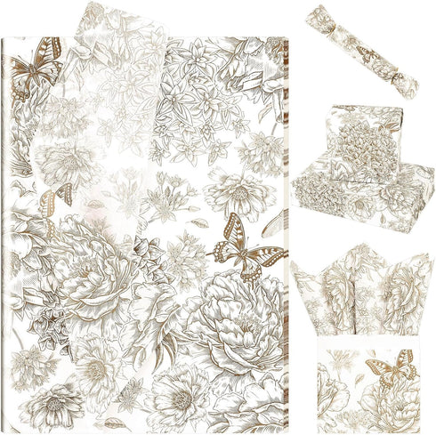Bolsome 100 Sheets 20 * 14 Inches Vintage Floral Printed Tissue Paper for Gift Wrapping, Peonies, Hydrangea