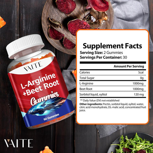 L Arginine 1000mg Supplement, Beet Root Gummies - Double Strength, Energy Boost, Circulation Support and Stamina,