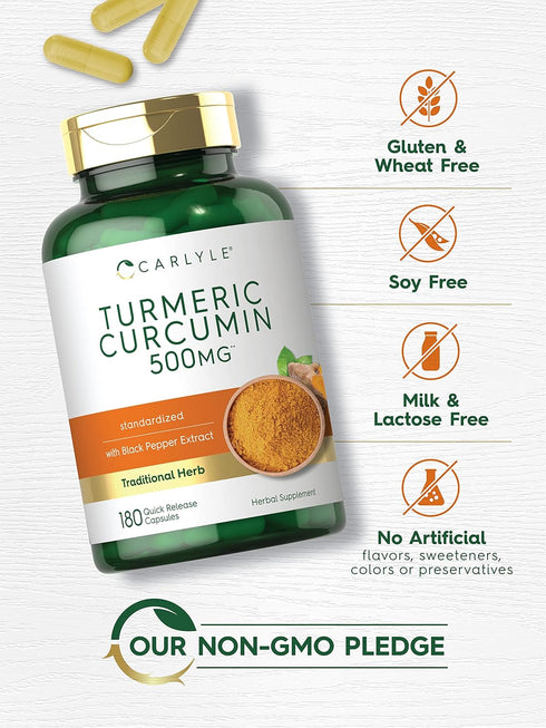 Carlyle Turmeric Curcumin with Bioperine | 500 mg | 180 Powder Capsules | Non-GMO, Gluten Free