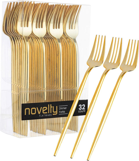 Novelty Modern Flatware, Disposable Plastic Dinner Forks, Luxury Gold 32 Count for Events
