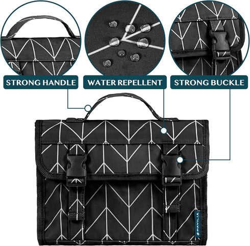 PAVILIA Travel Hanging Toiletry Bag for Women Men, Large Capacity Waterproof Cosmetic Storage Organizer (Black Chevron)