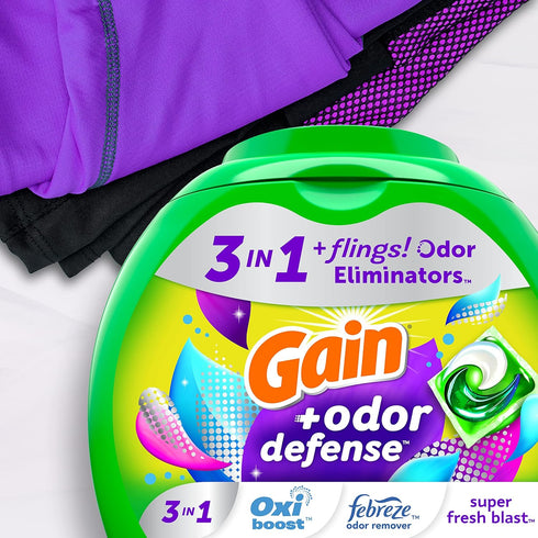 Gain flings Laundry Detergent Pacs, Odor Defense HE Compatible, 76 Ct, 3in1 with Febreze and Oxi.