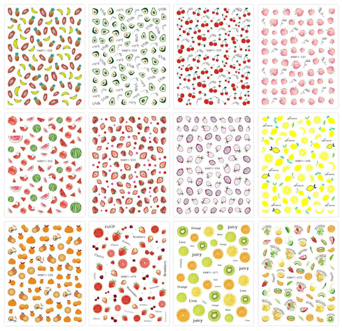 JMEOWIO 12 Sheets Fruit Nail Art Stickers Decals Self-Adhesive Strawberry Watermelon Lemon Nail Supplies