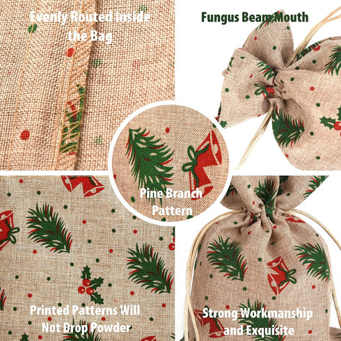 XCFWin 12 Pack Christmas Gift Bags with Drawstring, Reusable Designs for Christmas Party Supplies (Pine Branch, 13 *