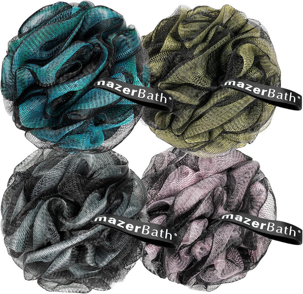AmazerBath Charcoal Loofah Sponge, Shower Loofah 60g/PCS, Set of 4 - Charcoal Blue, Gray, Pink & Army Green, Bath