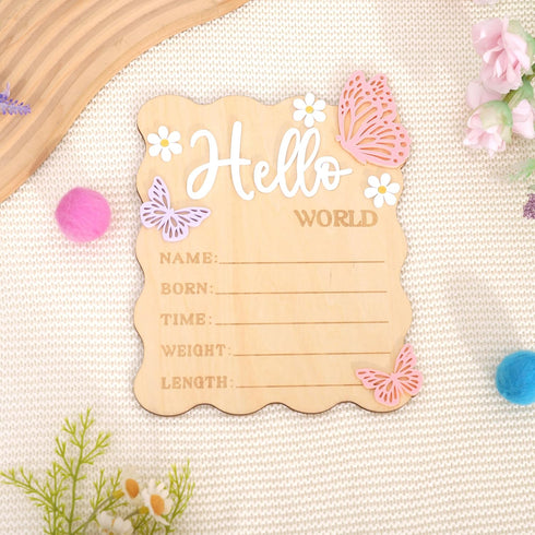 TERJIO Butterfly Daisy Hello Worid Board - Little Butterfly Birth Announcement Sign, Wooden Hello World Card