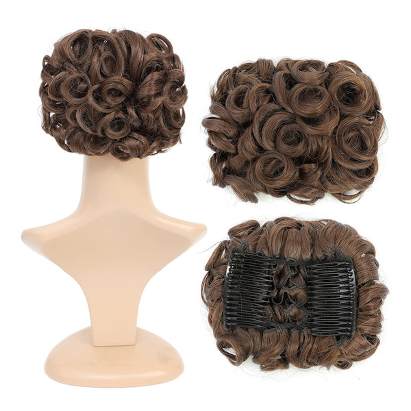 SWACC Short Messy Curly Dish Hair Bun Extension, Easy Stretch Combs, Clip in Ponytail, Medium Ash Brown-8#