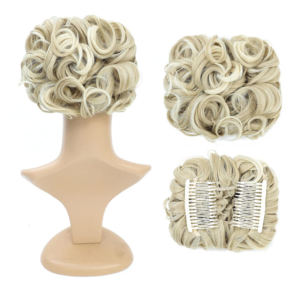 SWACC Short Messy Curly Dish Hair Bun Extension, Easy Stretch Combs, Clip in Ponytail, Beige/Blonde Mixed-24T613#