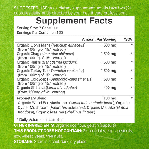 Organic Mushroom Supplement, 8,000mg Per Serving, 240 Capsules – 10 in 1 Defense Formula – Turkey Tail, Lions Mane, Cordyceps, Chaga, & More – Immune, Energy, & Brain Support – Non-GMO