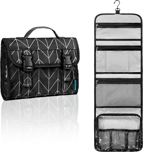 PAVILIA Travel Hanging Toiletry Bag for Women Men, Large Capacity Waterproof Cosmetic Storage Organizer (Black Chevron)